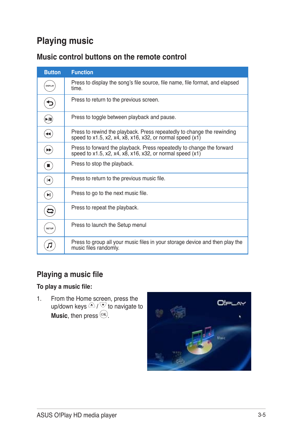 Playing music, Music control buttons on the remote control, Playing a music file | Playing music -5 | Asus O!Play HDP-R1 User Manual | Page 28 / 45