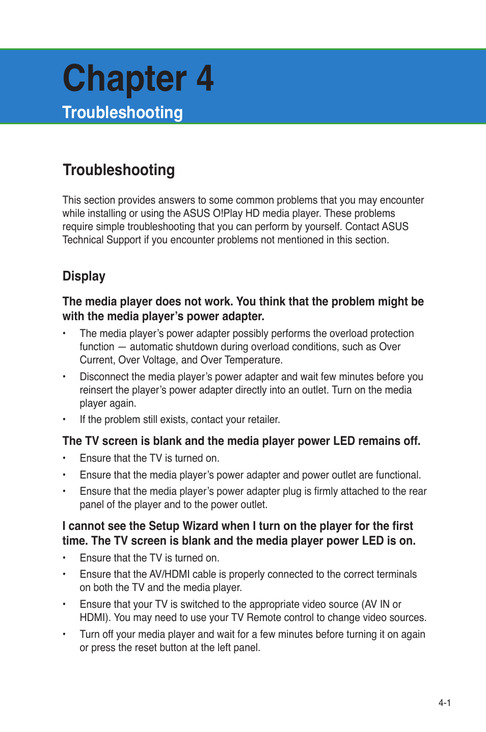 Chapter 4: troubleshooting, Troubleshooting, Display | Troubleshooting -1, Display -1, Chapter 4 | Asus O!Play HDP-R1 User Manual | Page 34 / 45