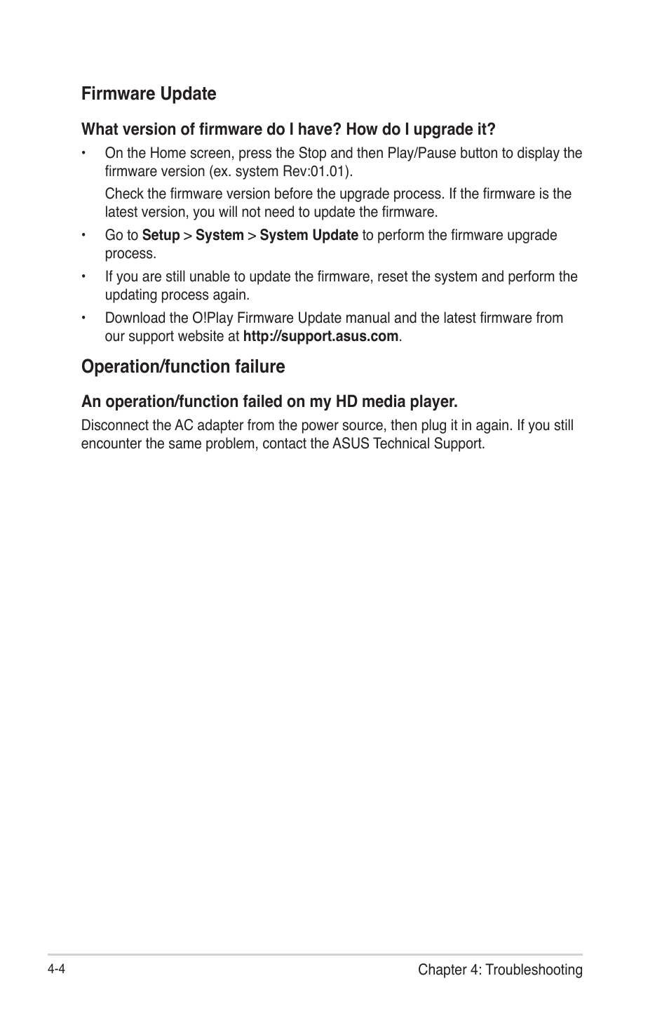 Firmware update, Operation/function failure, Firmware update -4 operation/function failure -4 | Asus O!Play HDP-R1 User Manual | Page 37 / 45