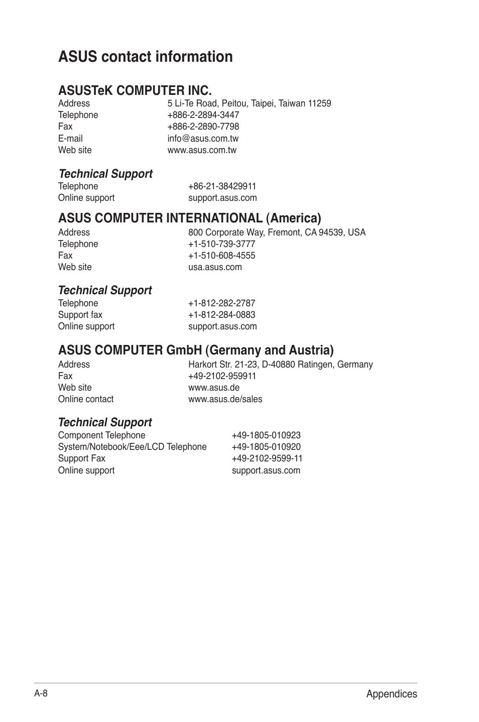 Asus contact information, Asustek computer inc, Asus computer international (america) | Asus computer gmbh (germany and austria), Technical support | Asus O!Play HDP-R1 User Manual | Page 45 / 45