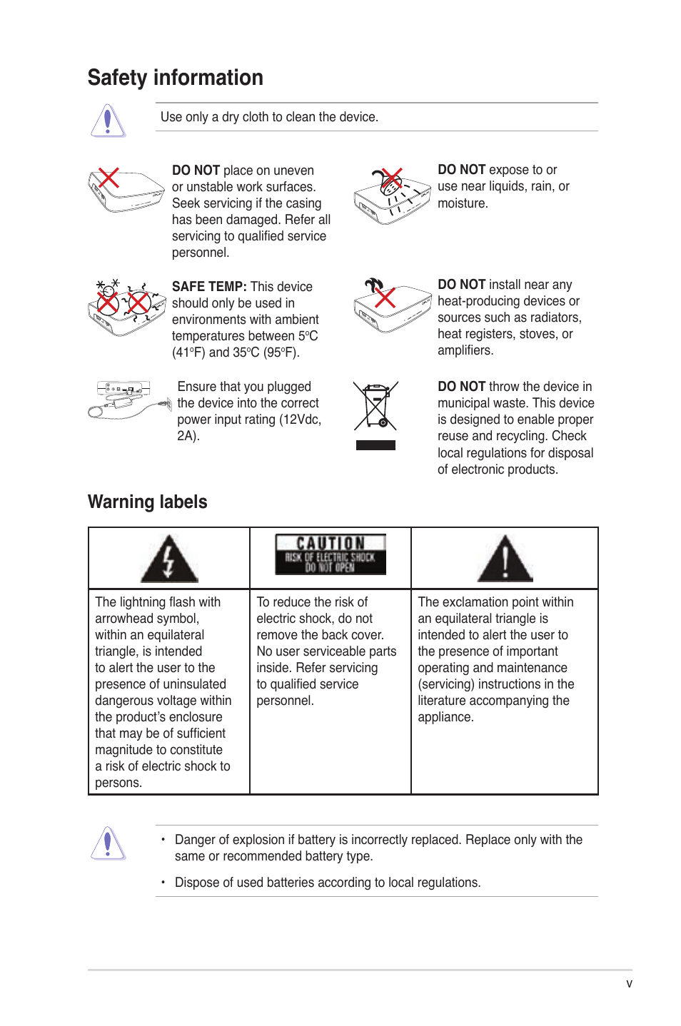 Safety information, Warning labels | Asus O!Play HDP-R1 User Manual | Page 5 / 45