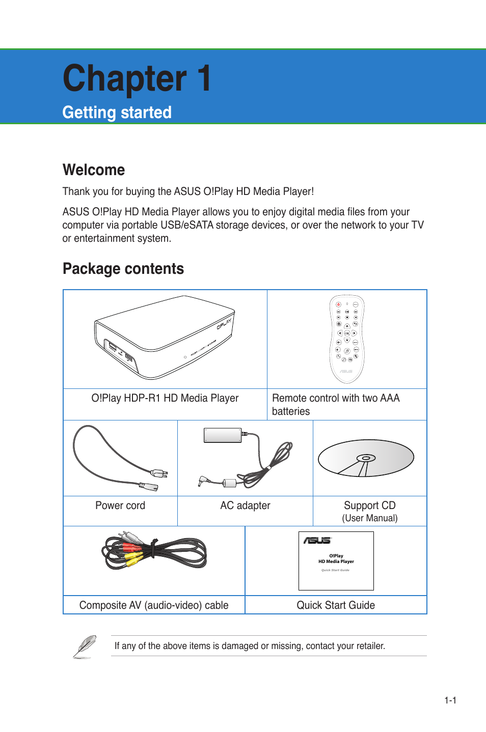 Chapter 1: getting started, Welcome, Package contents | Getting started, Welcome -1 package contents -1, Chapter 1 | Asus O!Play HDP-R1 User Manual | Page 8 / 45