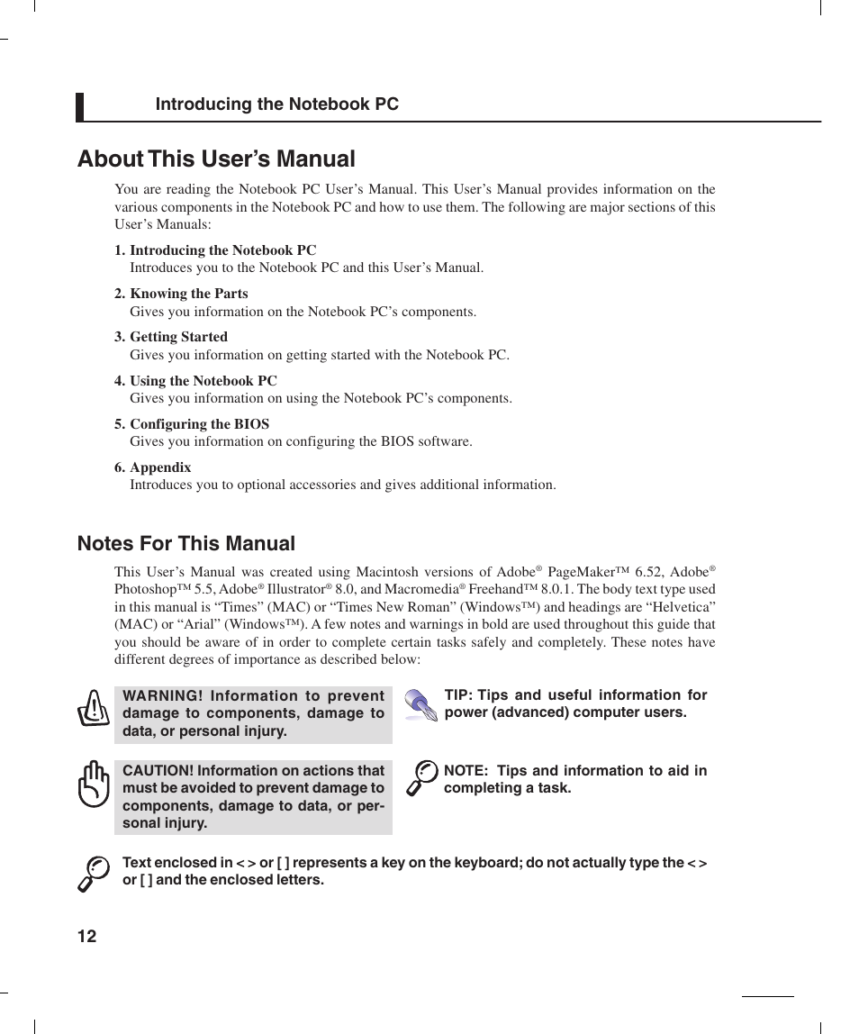 About this user’s manual | Asus L4E User Manual | Page 12 / 57