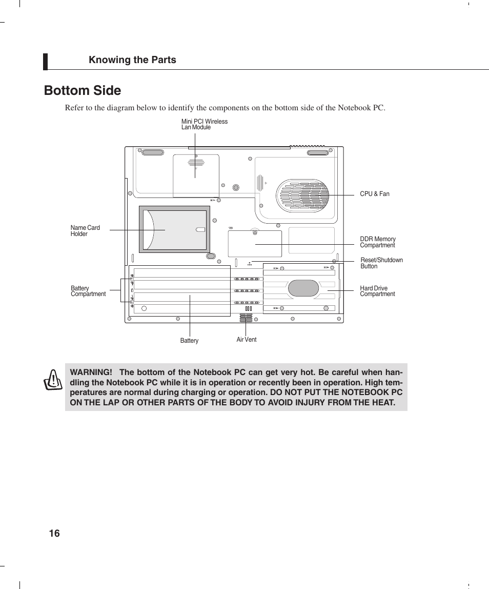 Bottom side, 16 knowing the parts | Asus L4E User Manual | Page 16 / 57