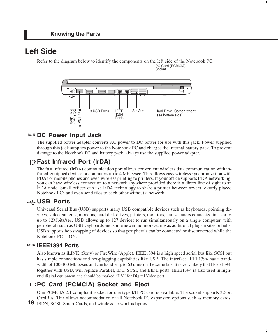 Left side, 18 knowing the parts, Dc power input jack | Fast infrared port (irda), Usb ports, Ieee1394 ports, Pc card (pcmcia) socket and eject | Asus L4E User Manual | Page 18 / 57