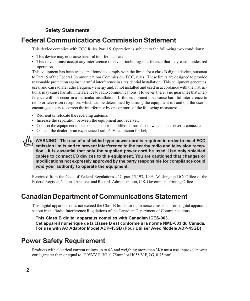 Federal communications commission statement, Canadian department of communications statement, Power safety requirement | Asus L4E User Manual | Page 2 / 57