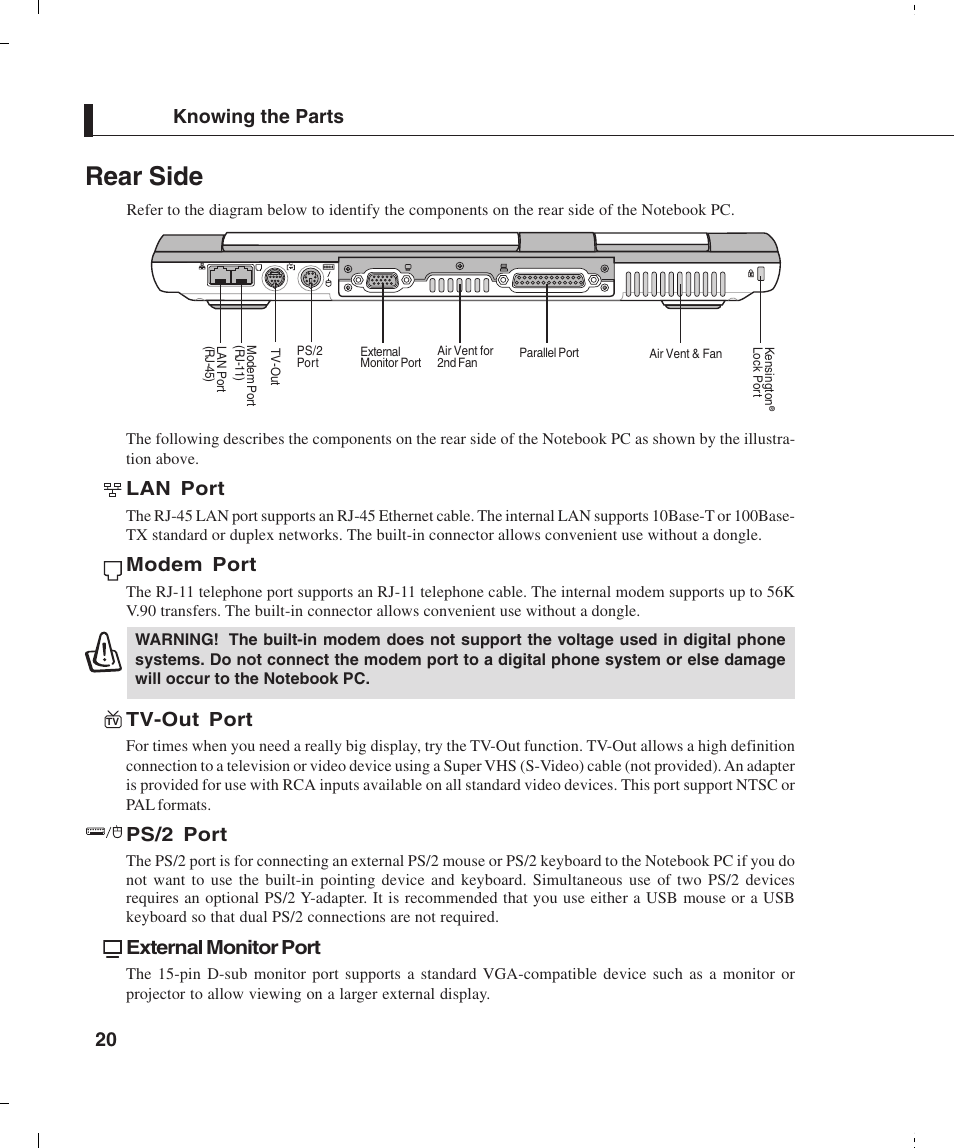 Rear side, 20 knowing the parts, Lan port | Modem port, Tv-out port, Ps/2 port, External monitor port | Asus L4E User Manual | Page 20 / 57