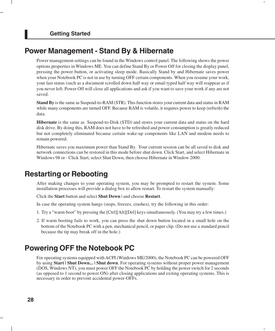 Power management - stand by & hibernate, Restarting or rebooting | Asus L4E User Manual | Page 28 / 57