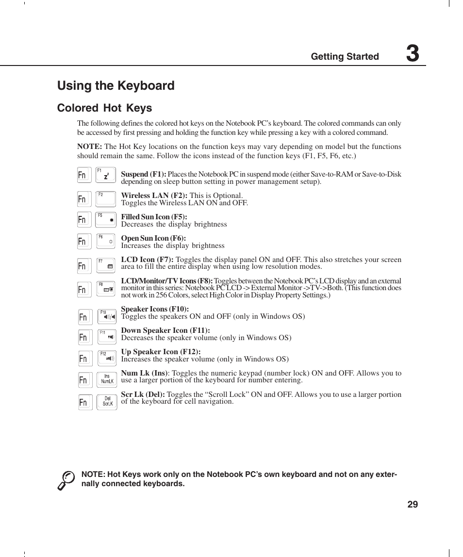 Using the keyboard, Colored hot keys | Asus L4E User Manual | Page 29 / 57