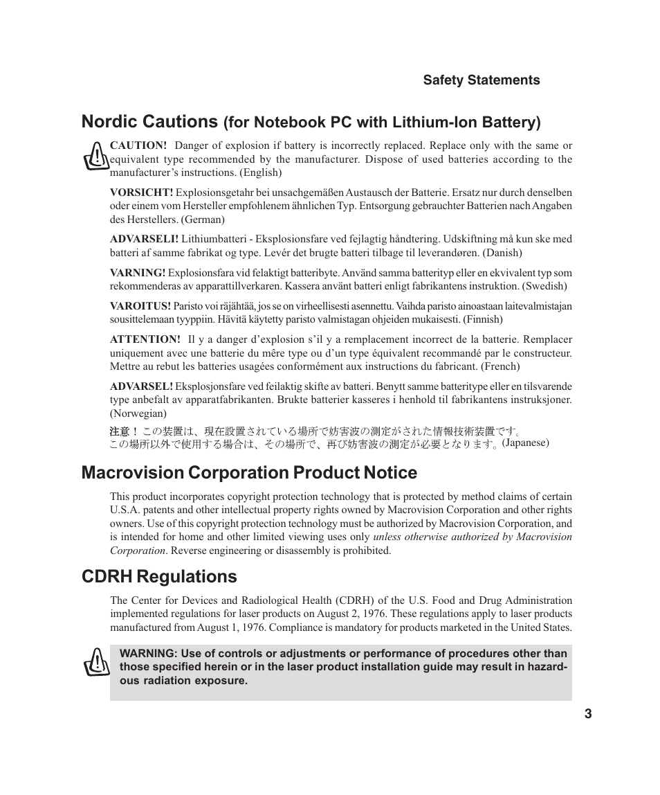 Nordic cautions, Macrovision corporation product notice, Cdrh regulations | Asus L4E User Manual | Page 3 / 57