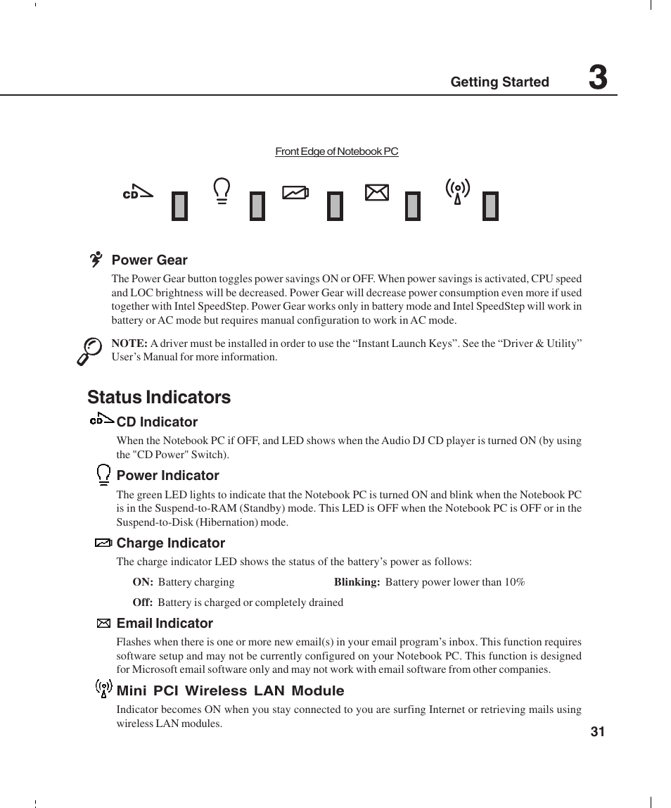 Status indicators | Asus L4E User Manual | Page 31 / 57