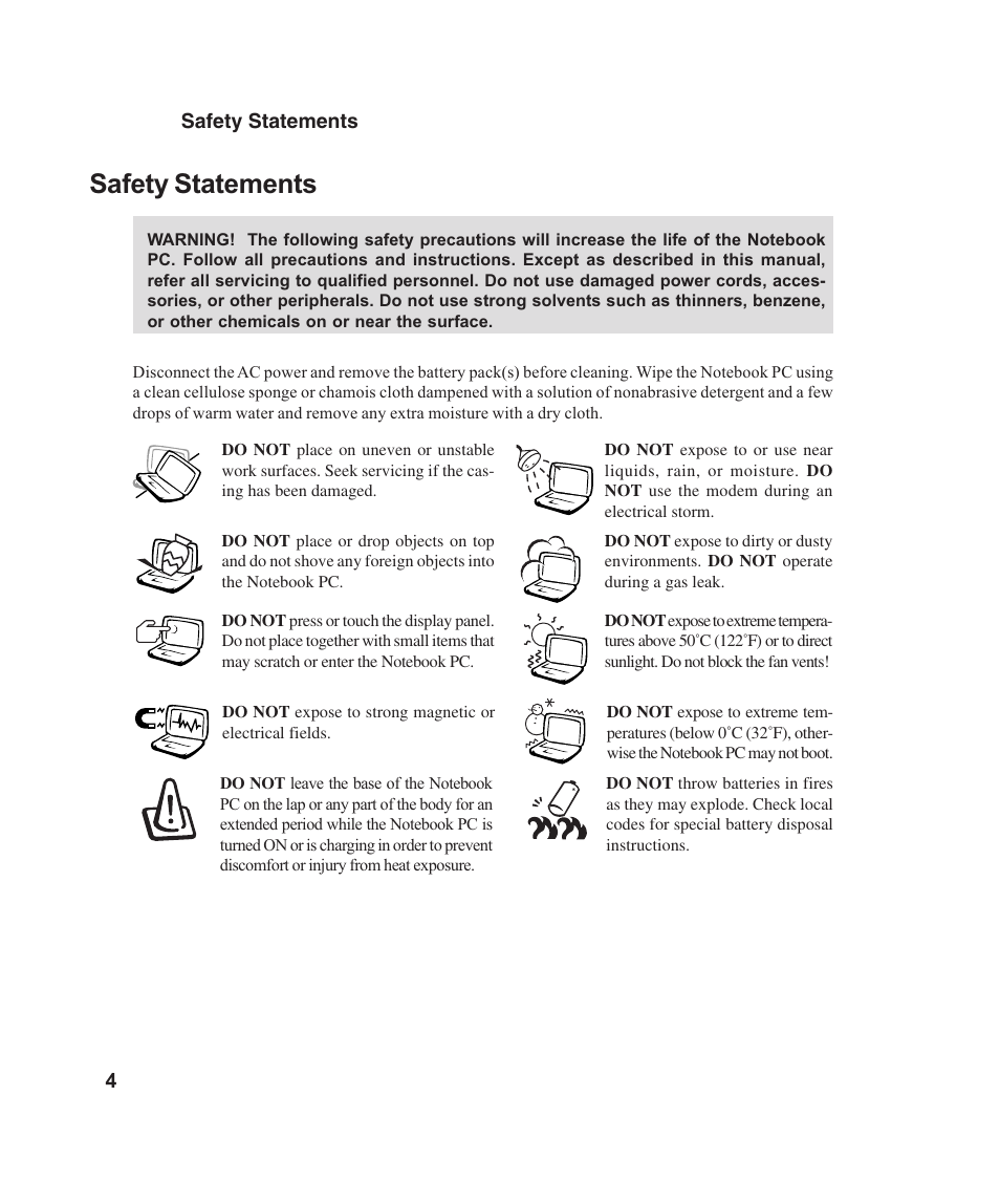 Safety statements | Asus L4E User Manual | Page 4 / 57