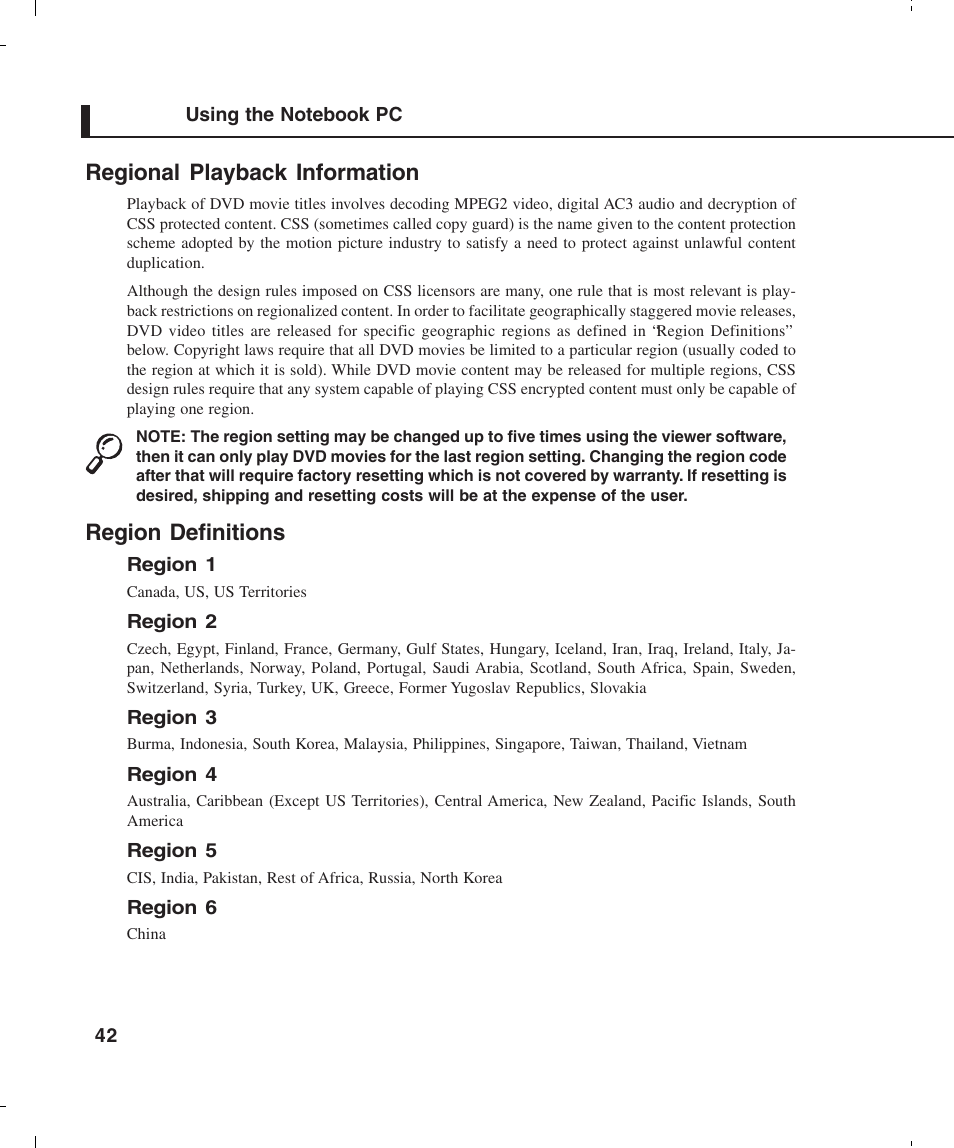 Regional playback information, Region definitions | Asus L4E User Manual | Page 42 / 57