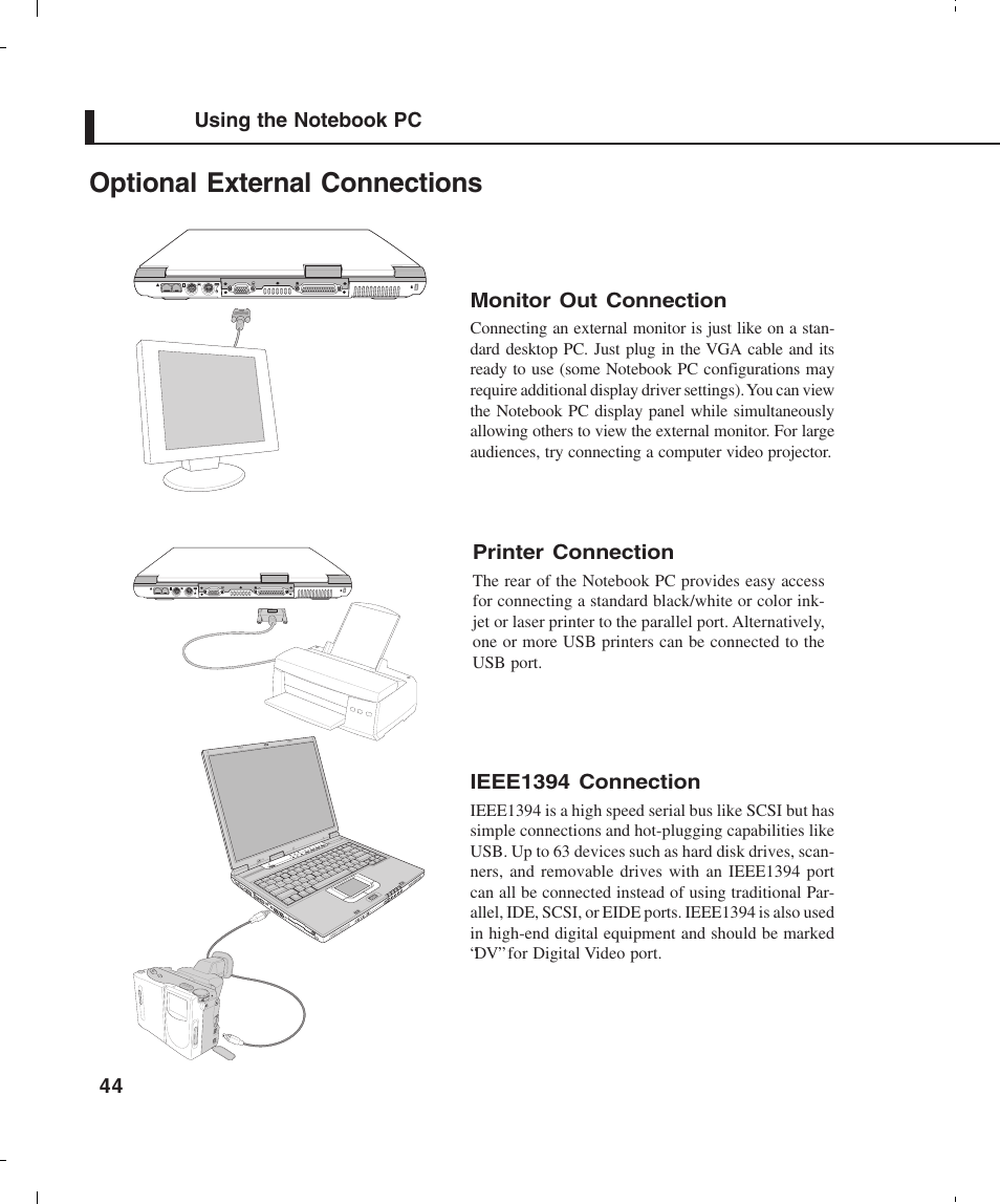 Optional external connections | Asus L4E User Manual | Page 44 / 57