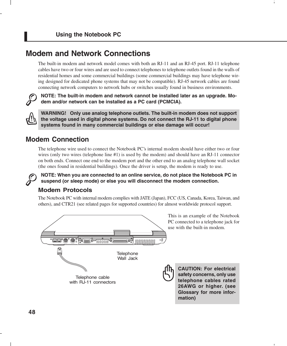 Modem and network connections, Modem connection | Asus L4E User Manual | Page 48 / 57