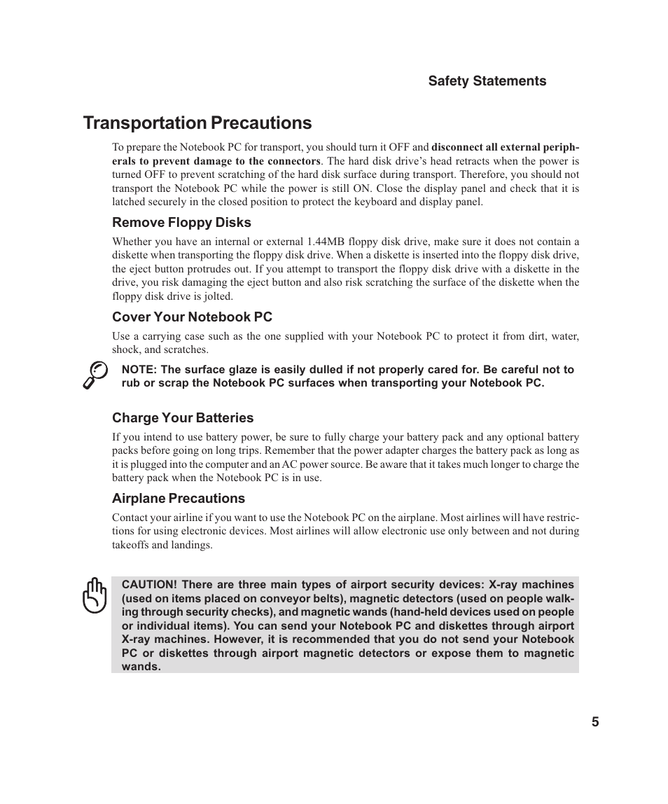 Transportation precautions | Asus L4E User Manual | Page 5 / 57