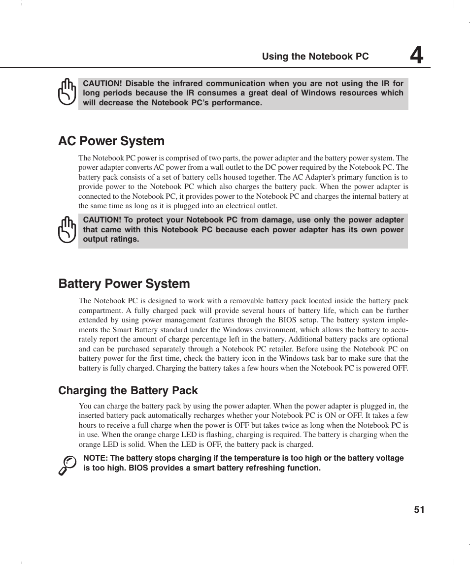 Ac power system, Battery power system | Asus L4E User Manual | Page 51 / 57