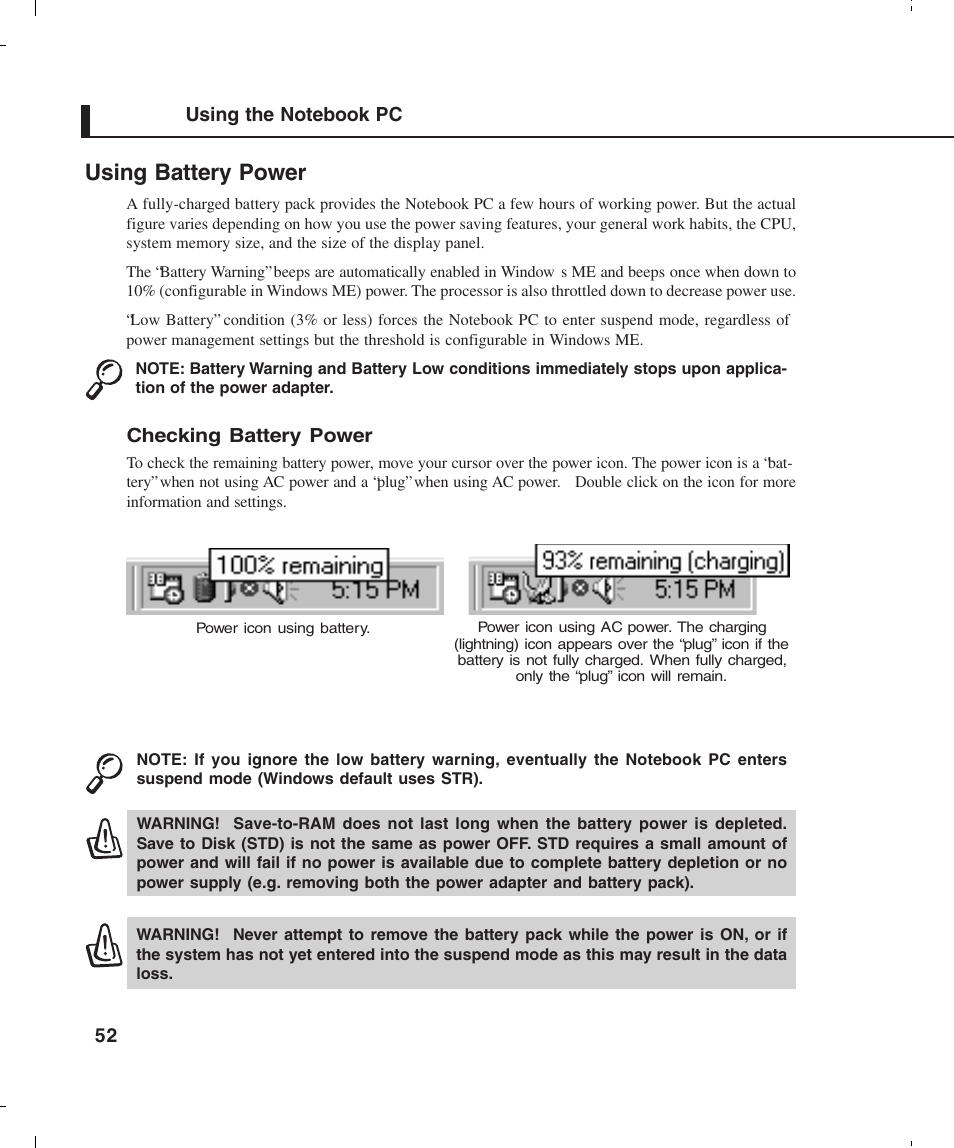 Using battery power | Asus L4E User Manual | Page 52 / 57