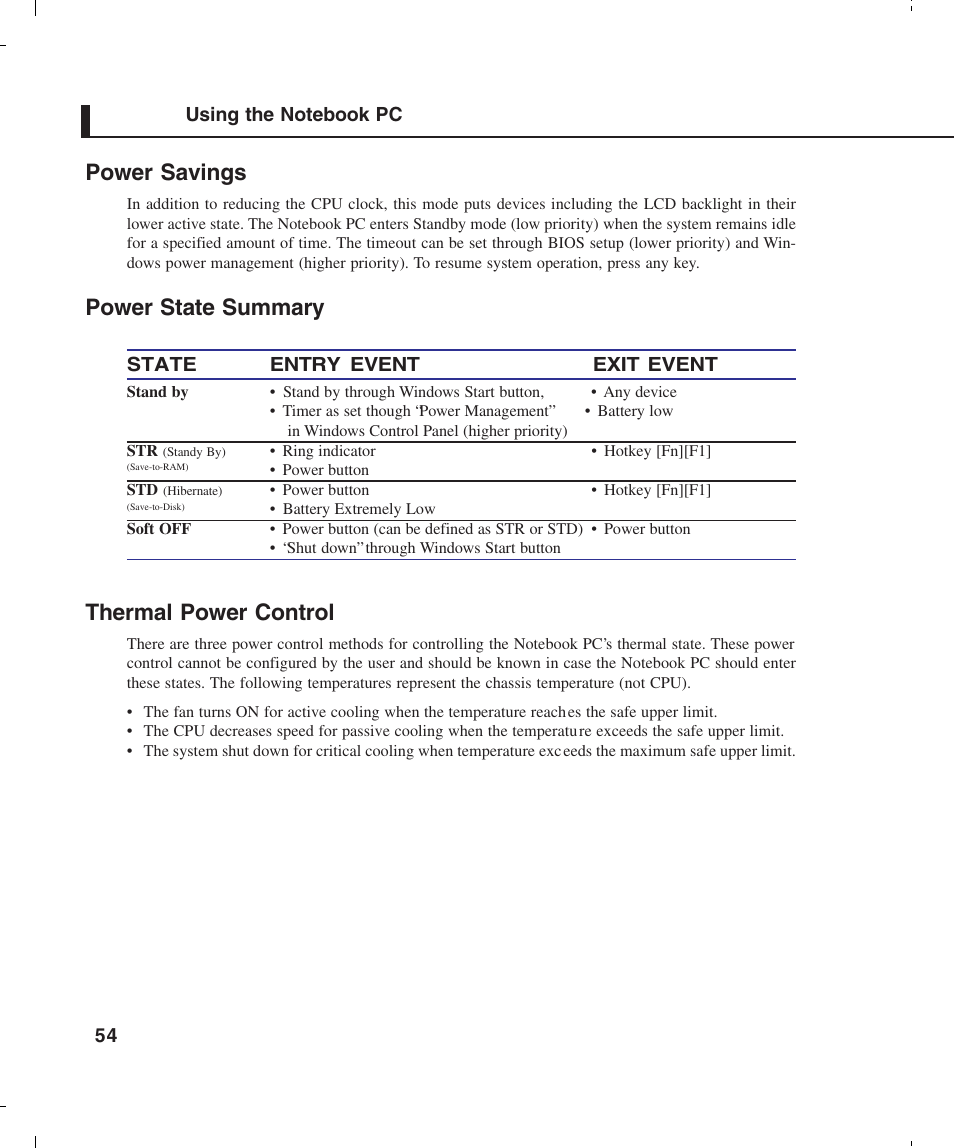 Thermal power control, Power savings, Power state summary | Asus L4E User Manual | Page 54 / 57