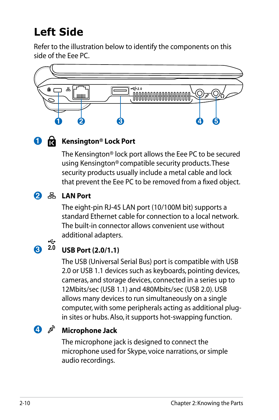 Left side | Asus Eee PC 901/Linux User Manual | Page 20 / 68