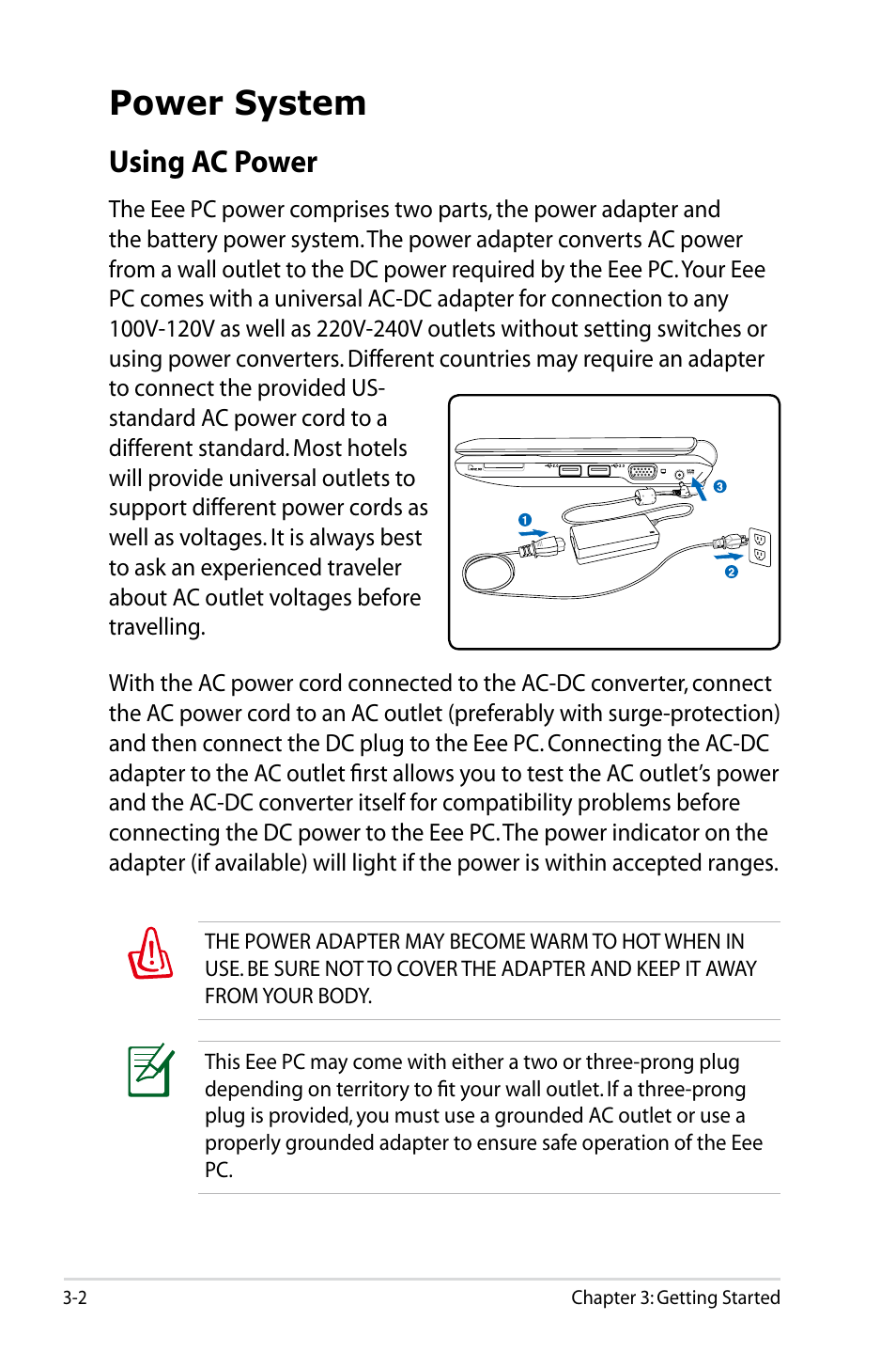Power system, Using ac power | Asus Eee PC 901/Linux User Manual | Page 24 / 68