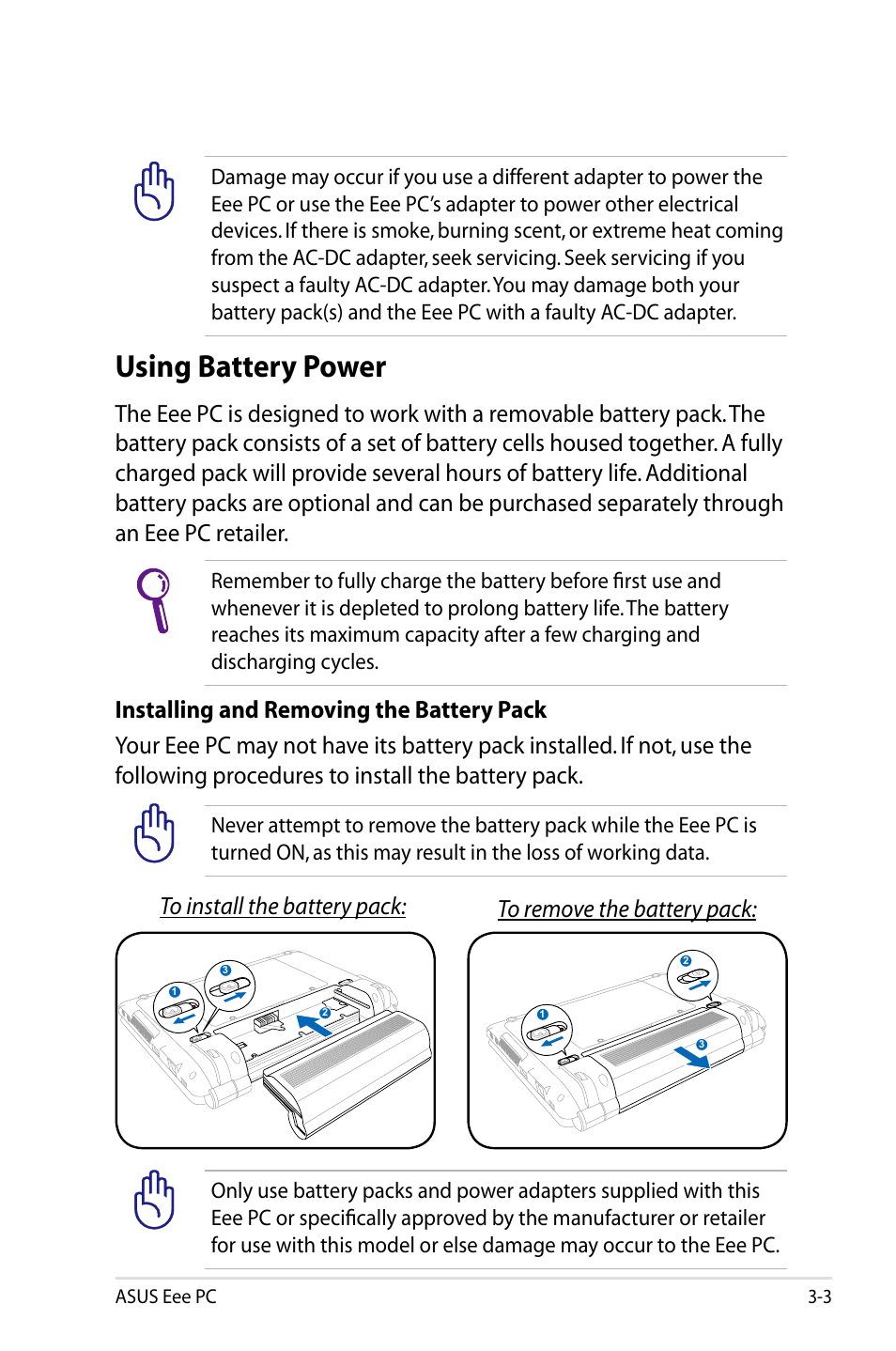 Using battery power, Asus eee pc 3-3 | Asus Eee PC 901/Linux User Manual | Page 25 / 68