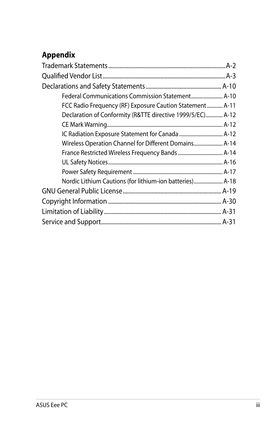 Appendix | Asus Eee PC 901/Linux User Manual | Page 3 / 68