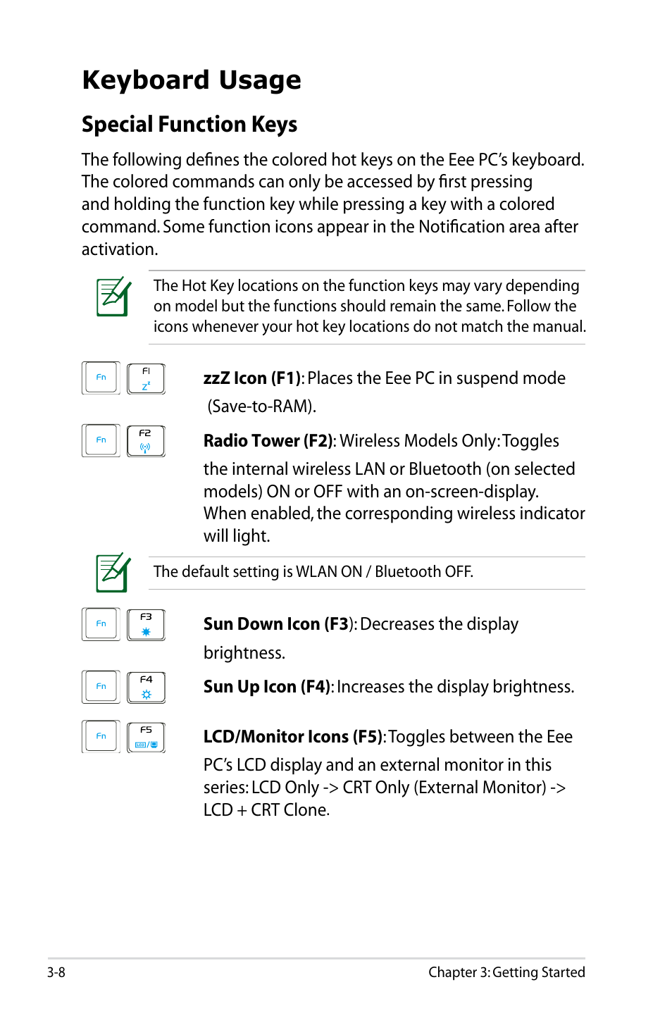 Keyboard usage, Special function keys | Asus Eee PC 901/Linux User Manual | Page 30 / 68