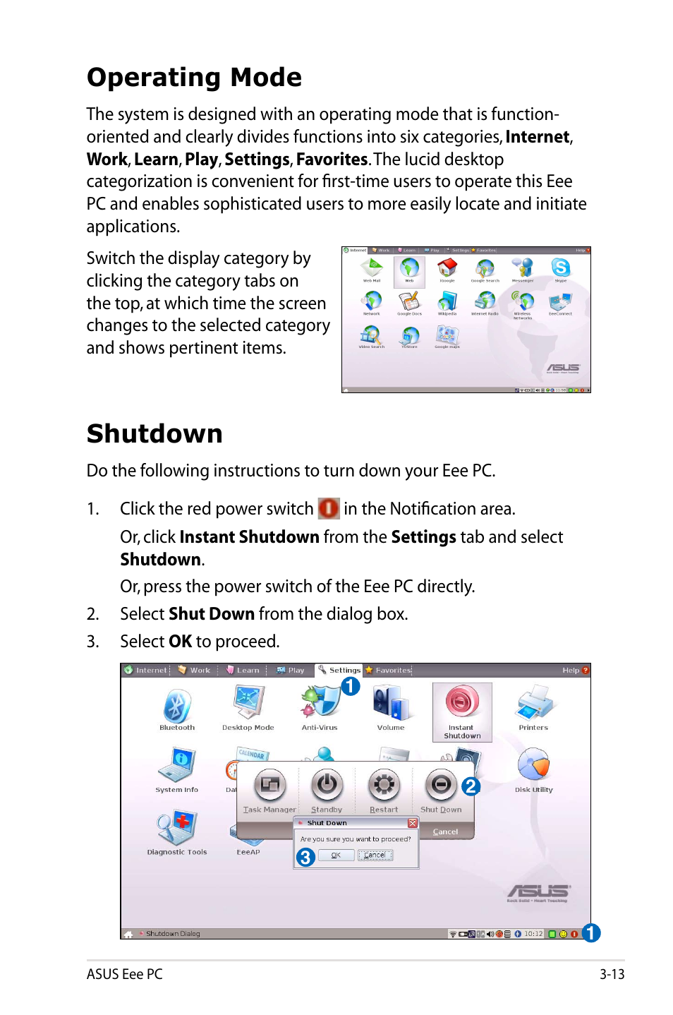 Operating mode, Shutdown | Asus Eee PC 901/Linux User Manual | Page 35 / 68