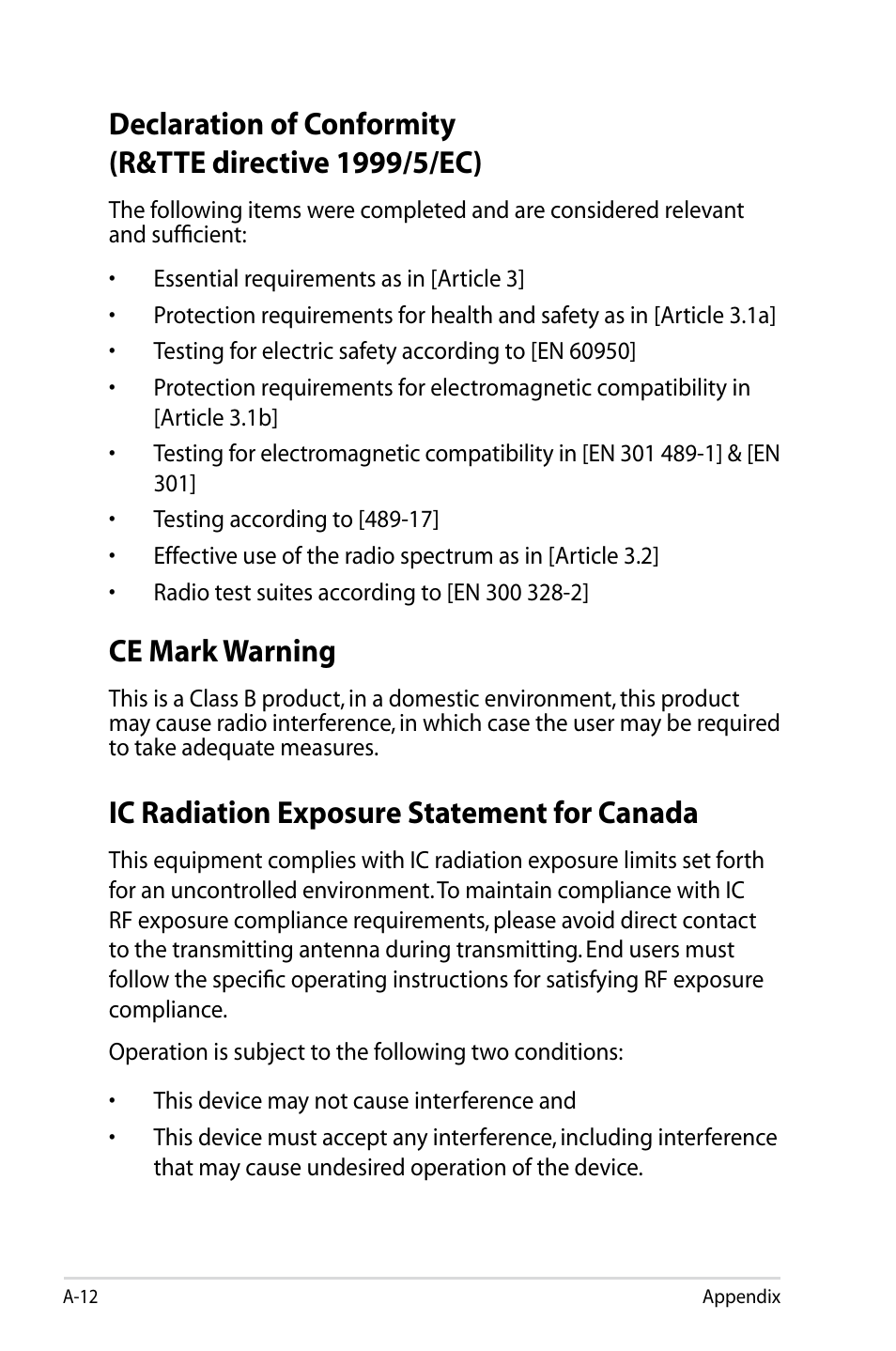 Ce mark warning, Ic radiation exposure statement for canada | Asus Eee PC 901/Linux User Manual | Page 48 / 68