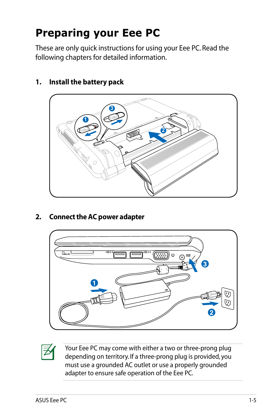Preparing your eee pc | Asus Eee PC 901/Linux User Manual | Page 9 / 68