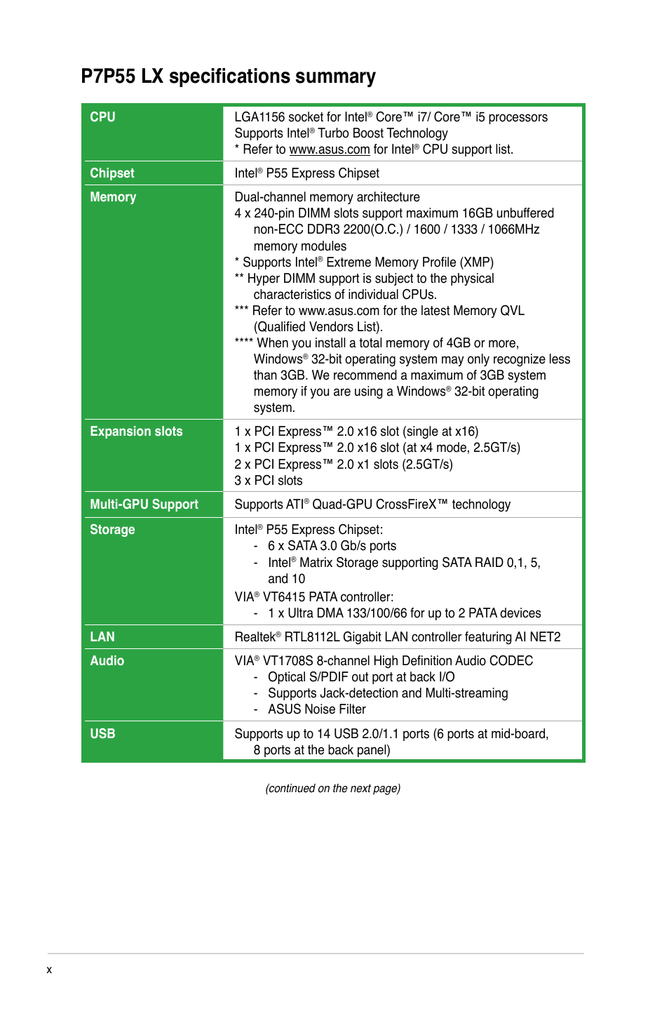 P7p55 lx specifications summary | Asus P7P55 LX/JOOYON/SI User Manual | Page 10 / 70