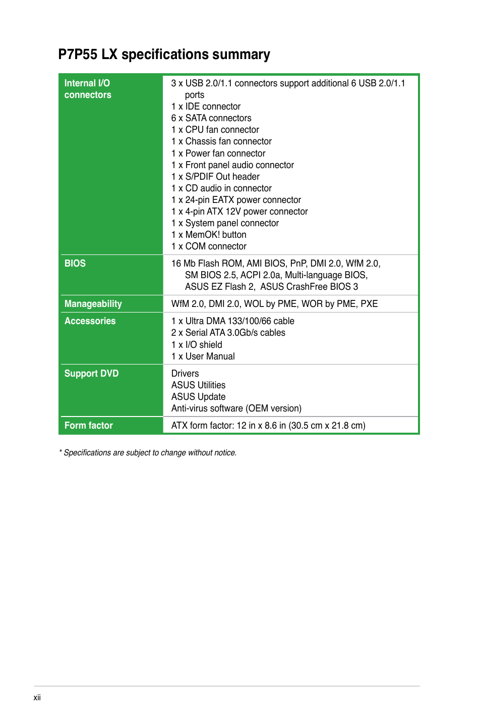 P7p55 lx specifications summary | Asus P7P55 LX/JOOYON/SI User Manual | Page 12 / 70