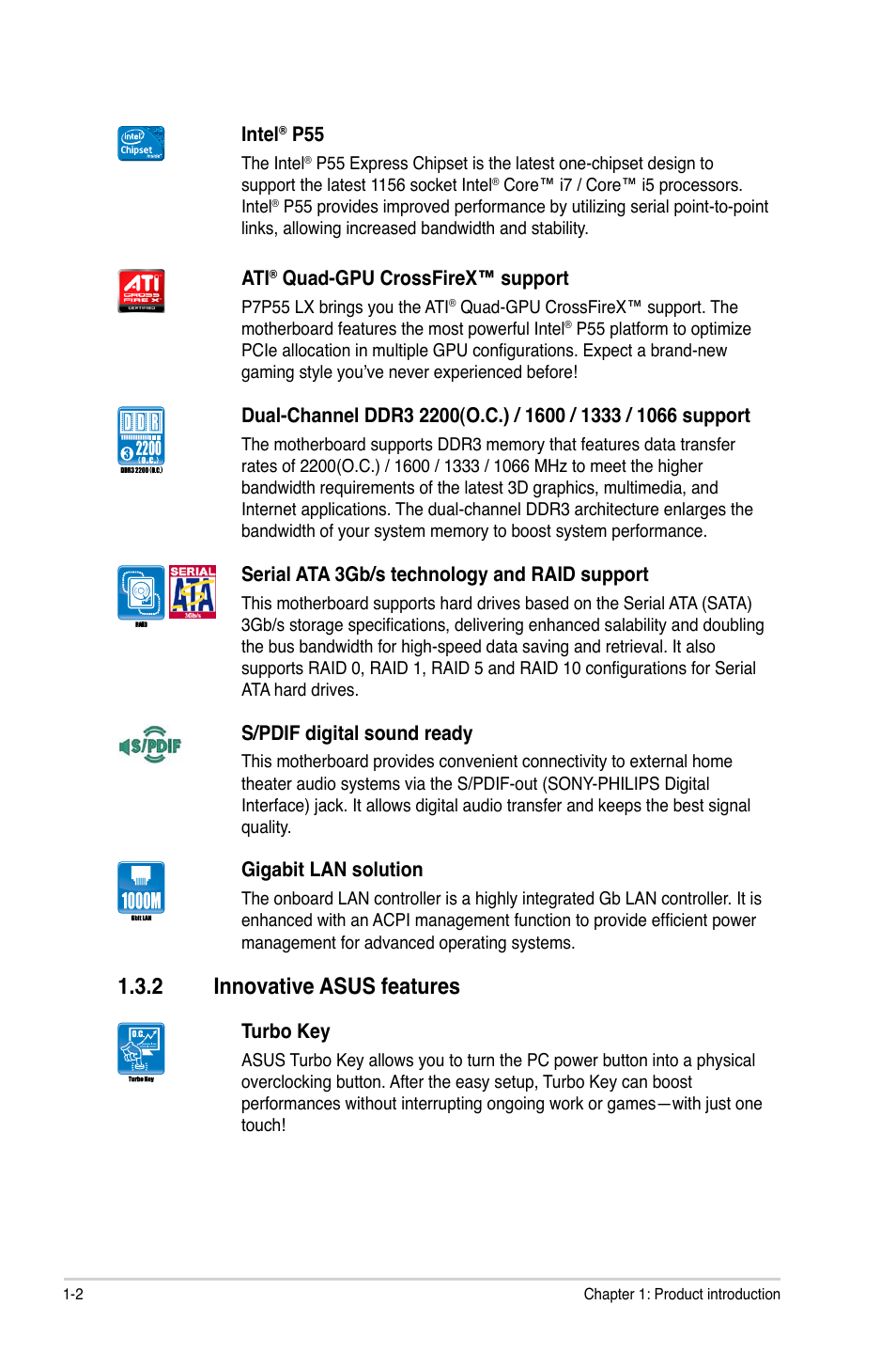 2 innovative asus features, Innovative asus features -2 | Asus P7P55 LX/JOOYON/SI User Manual | Page 14 / 70