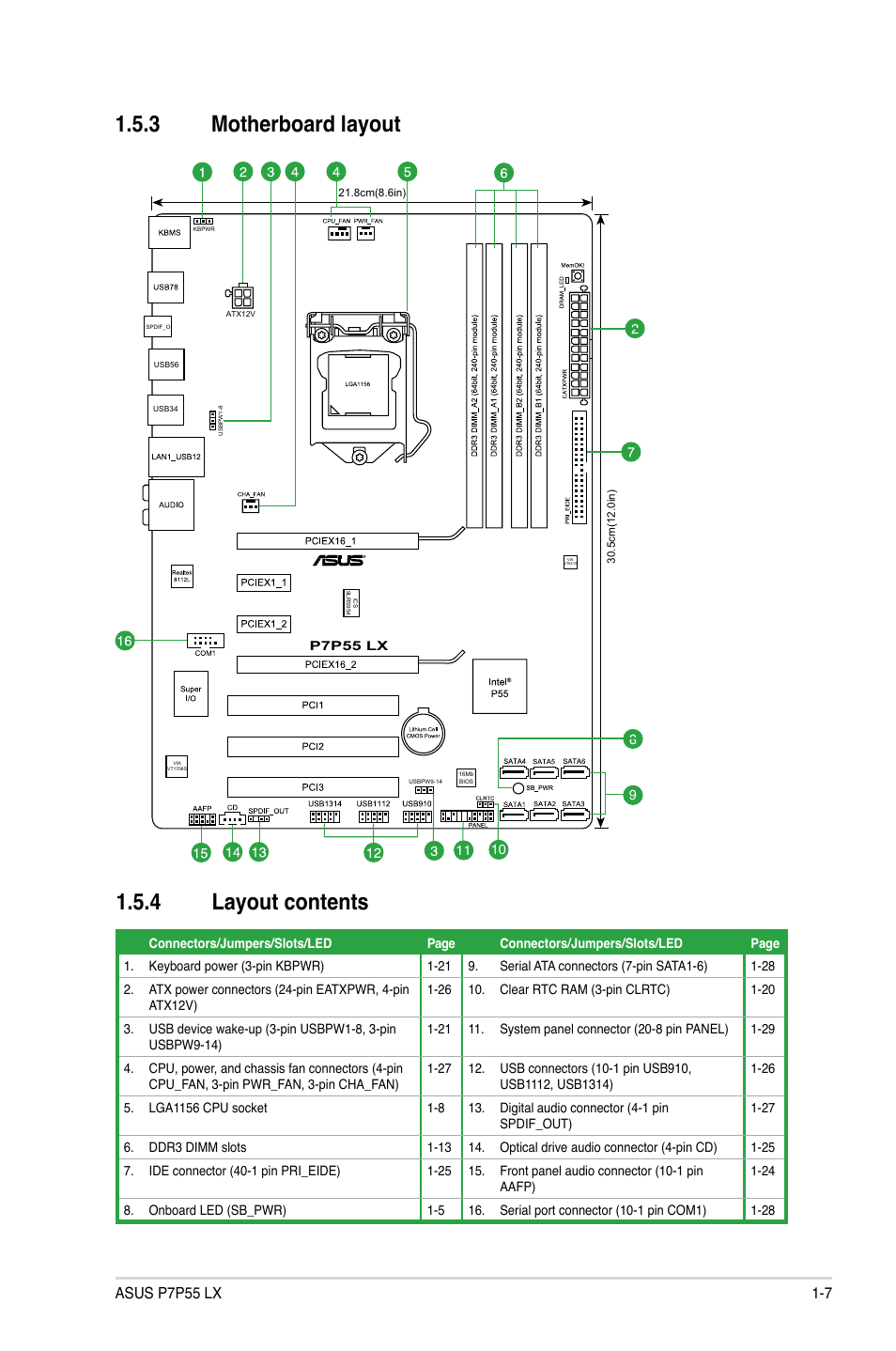 3 motherboard layout, 4 layout contents, Motherboard layout -7 | Layout contents -7 | Asus P7P55 LX/JOOYON/SI User Manual | Page 19 / 70