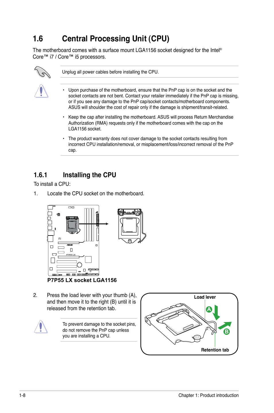 6 central processing unit (cpu), 1 installing the cpu, Central processing unit (cpu) -8 1.6.1 | Installing the cpu -8 | Asus P7P55 LX/JOOYON/SI User Manual | Page 20 / 70