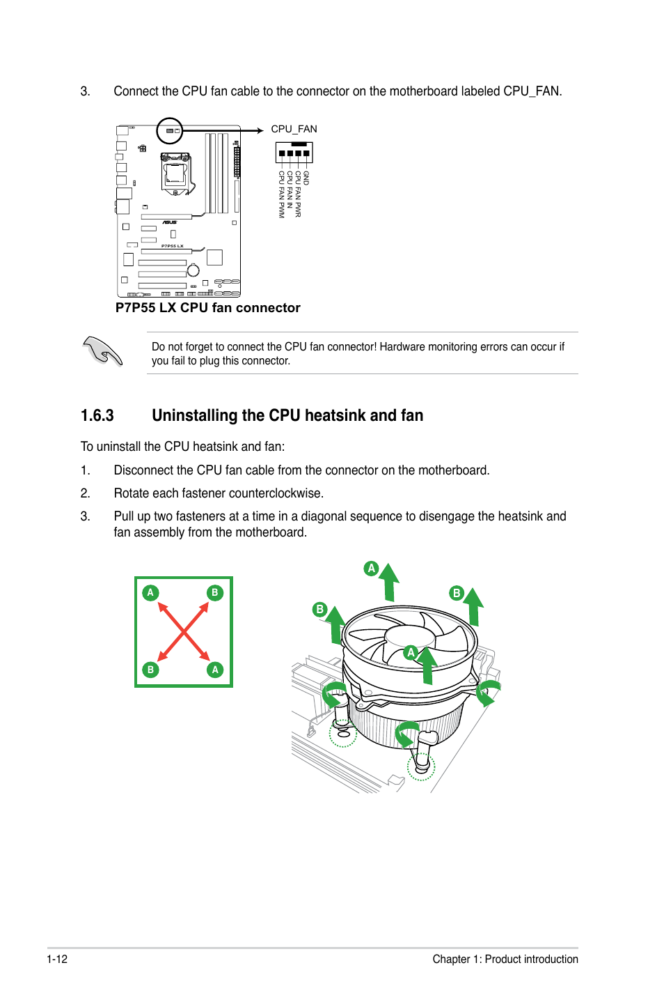 3 uninstalling the cpu heatsink and fan, Uninstalling the cpu heatsink and fan -12, P7p55 lx cpu fan connector | Asus P7P55 LX/JOOYON/SI User Manual | Page 24 / 70