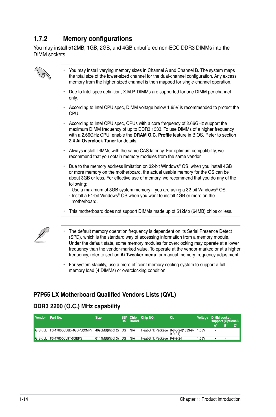 2 memory configurations, Memory configurations -14 | Asus P7P55 LX/JOOYON/SI User Manual | Page 26 / 70