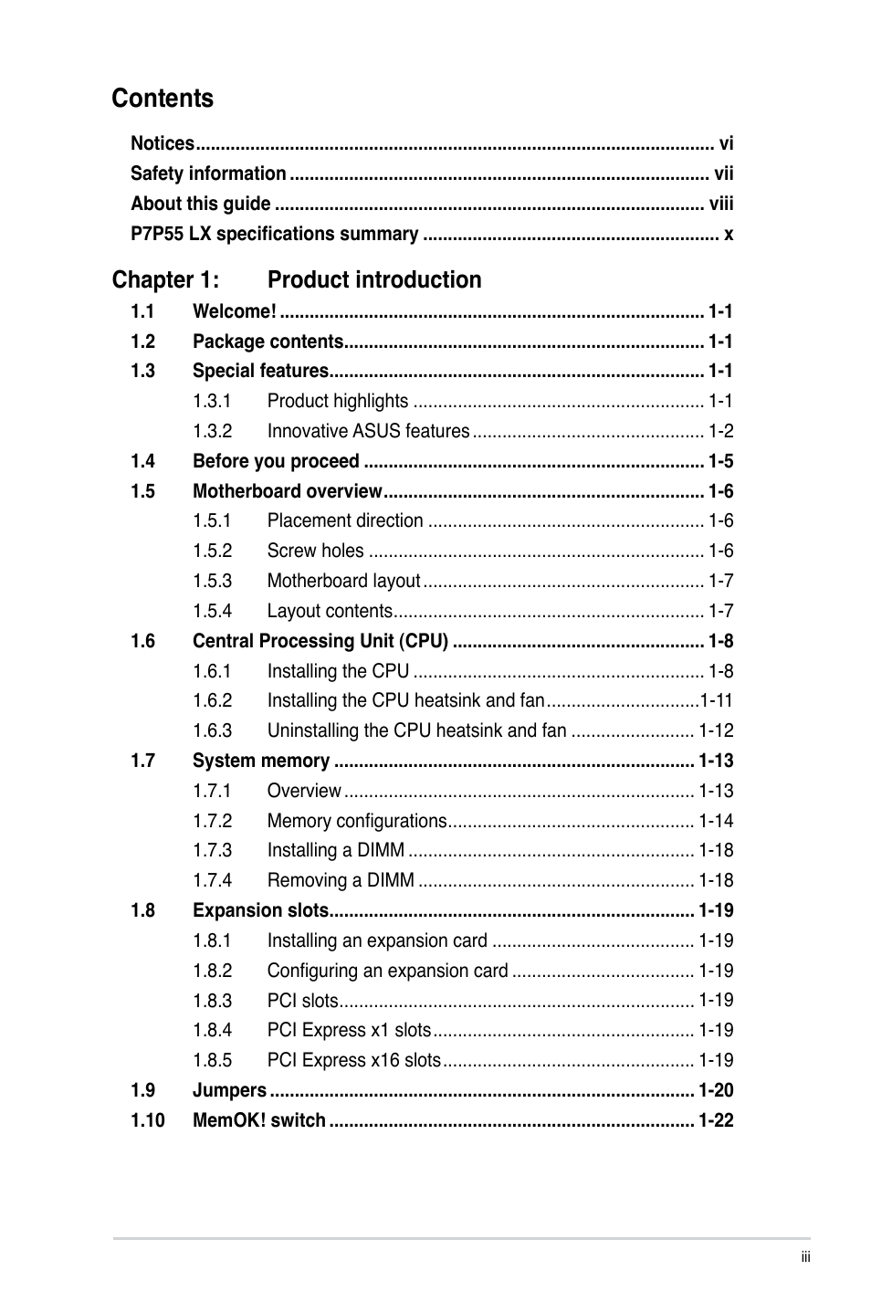 Asus P7P55 LX/JOOYON/SI User Manual | Page 3 / 70