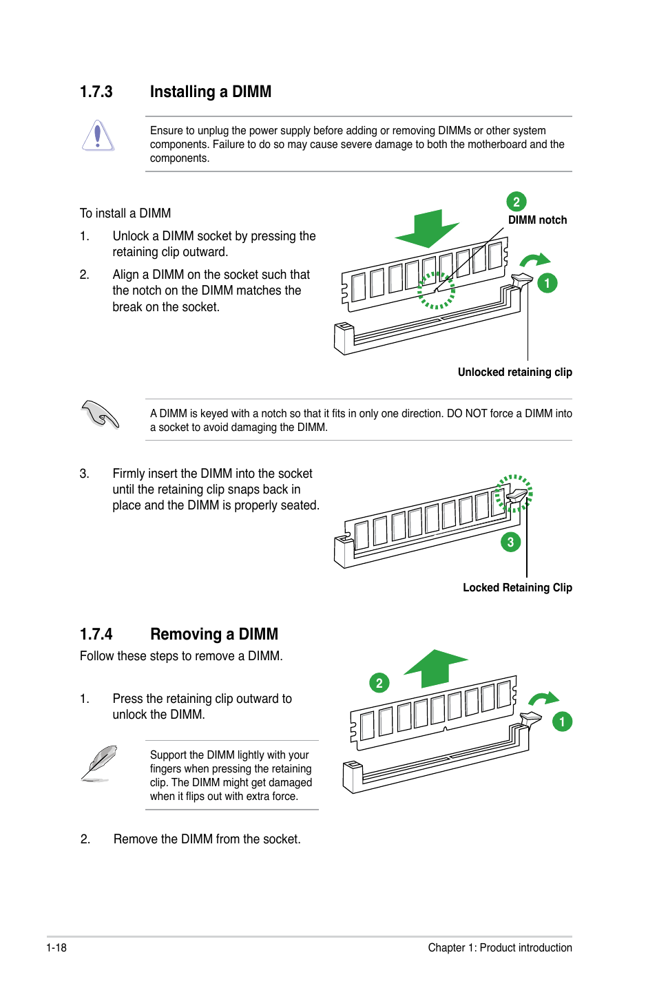 3 installing a dimm, 4 removing a dimm, Installing a dimm -18 | Removing a dimm -18 | Asus P7P55 LX/JOOYON/SI User Manual | Page 30 / 70