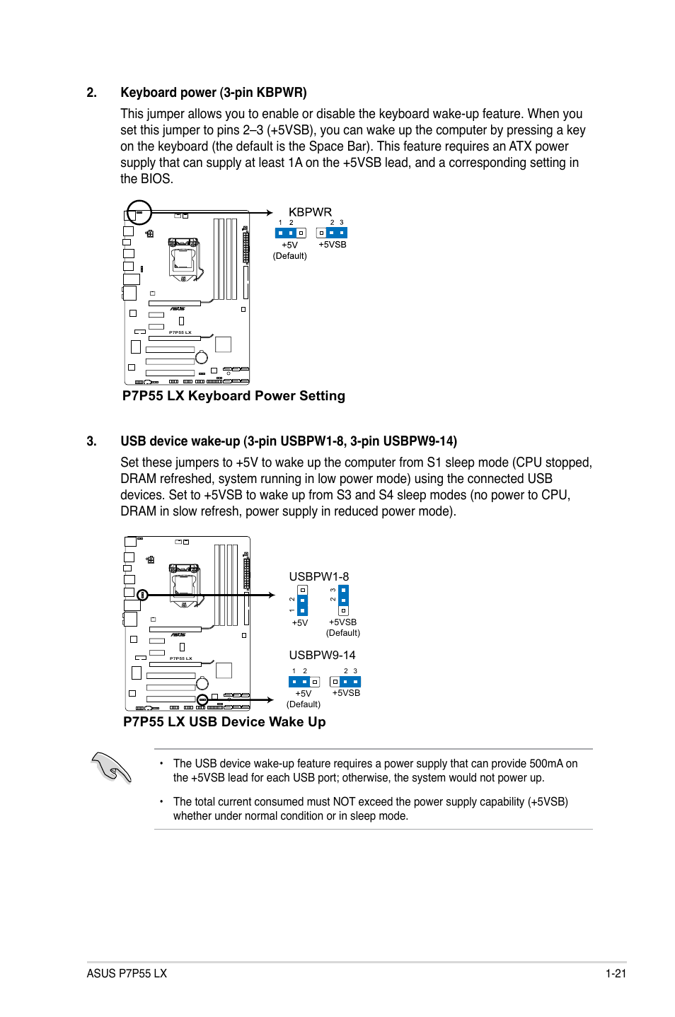 P7p55 lx keyboard power setting, P7p55 lx usb device wake up | Asus P7P55 LX/JOOYON/SI User Manual | Page 33 / 70