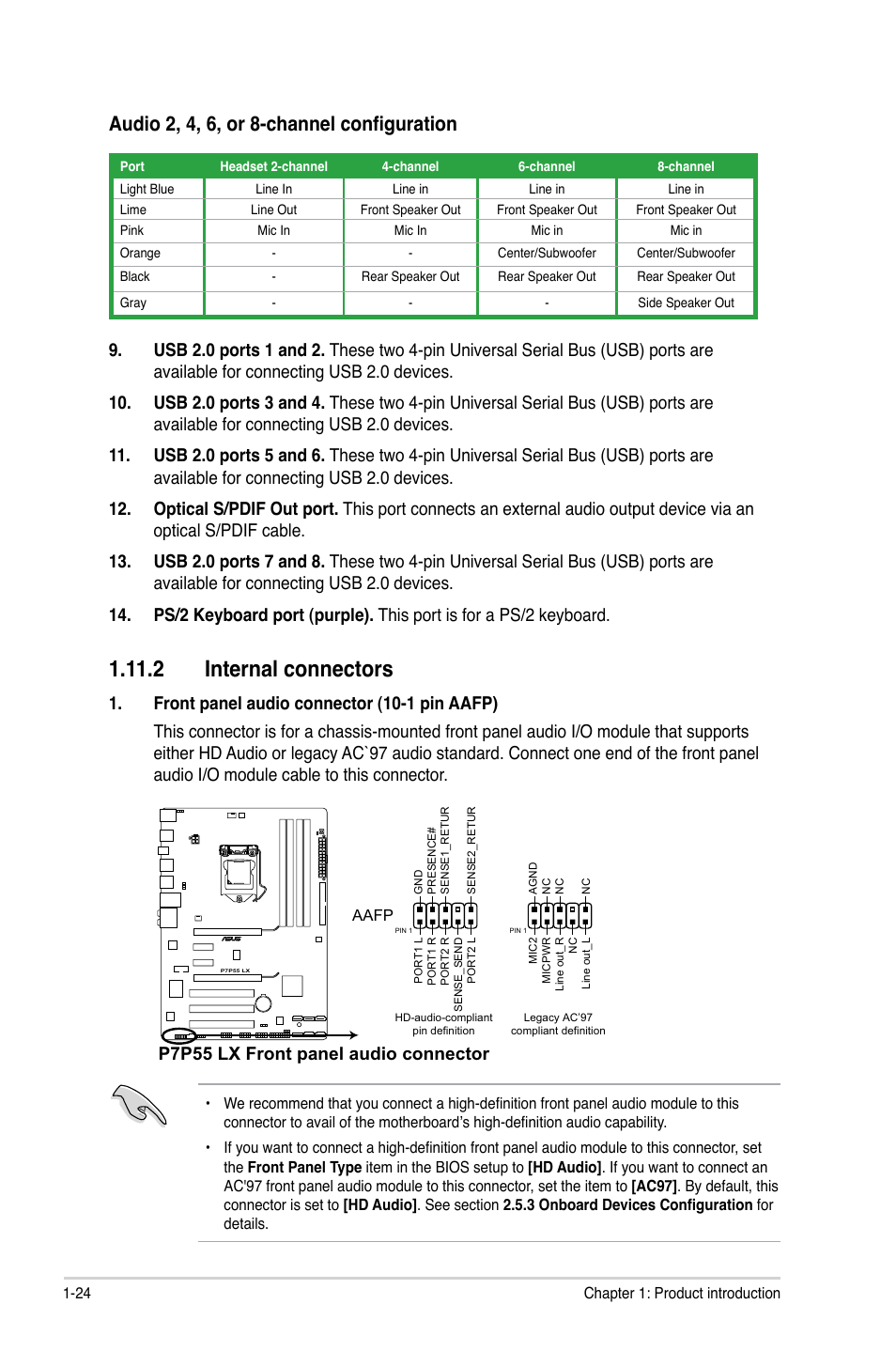 2 internal connectors, 2 internal connectors -24, Audio 2, 4, 6, or 8-channel configuration | P7p55 lx front panel audio connector | Asus P7P55 LX/JOOYON/SI User Manual | Page 36 / 70