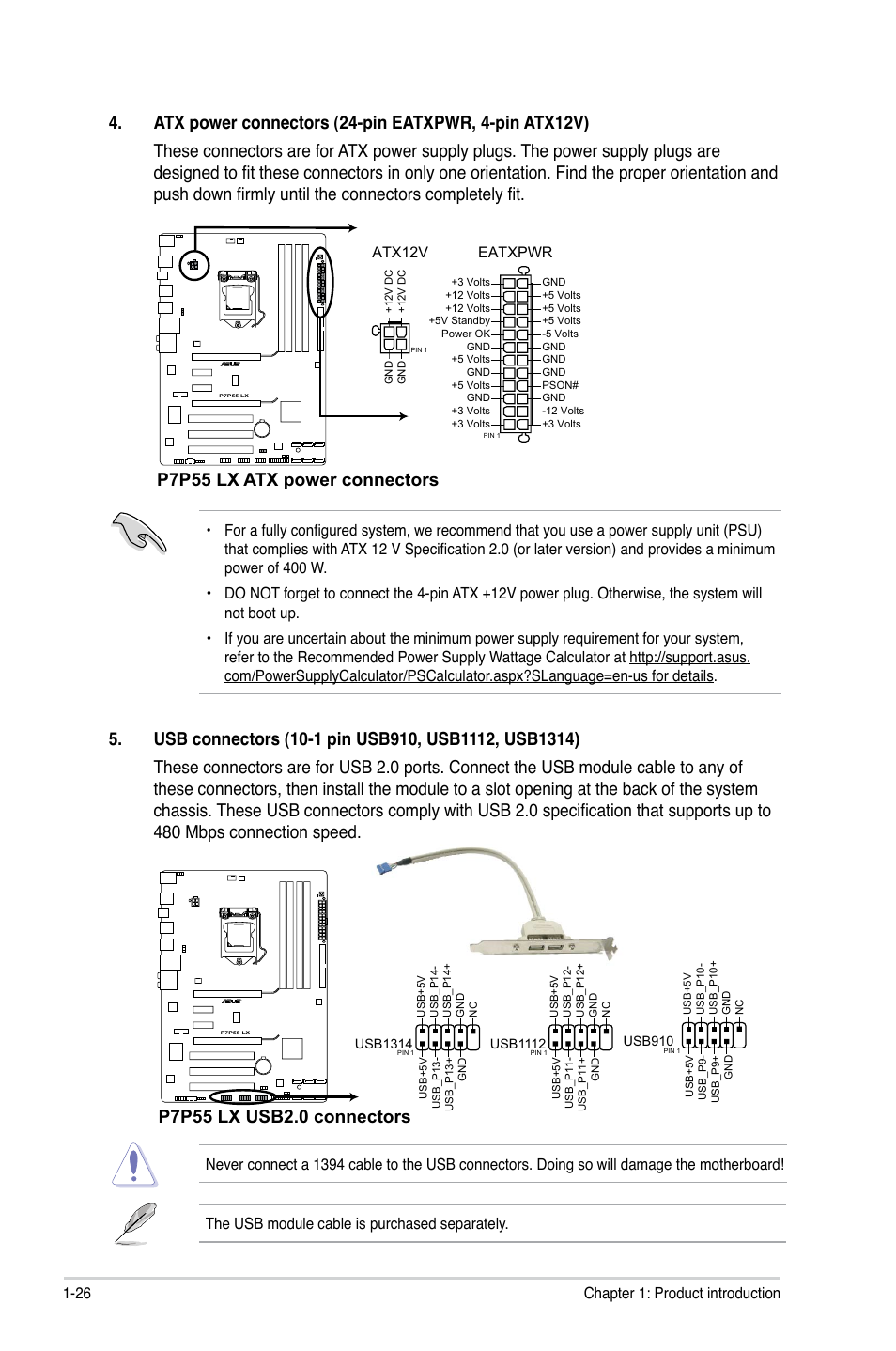 P7p55 lx atx power connectors | Asus P7P55 LX/JOOYON/SI User Manual | Page 38 / 70