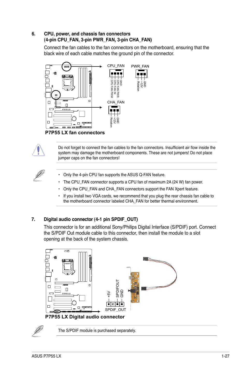 P7p55 lx fan connectors, P7p55 lx digital audio connector | Asus P7P55 LX/JOOYON/SI User Manual | Page 39 / 70