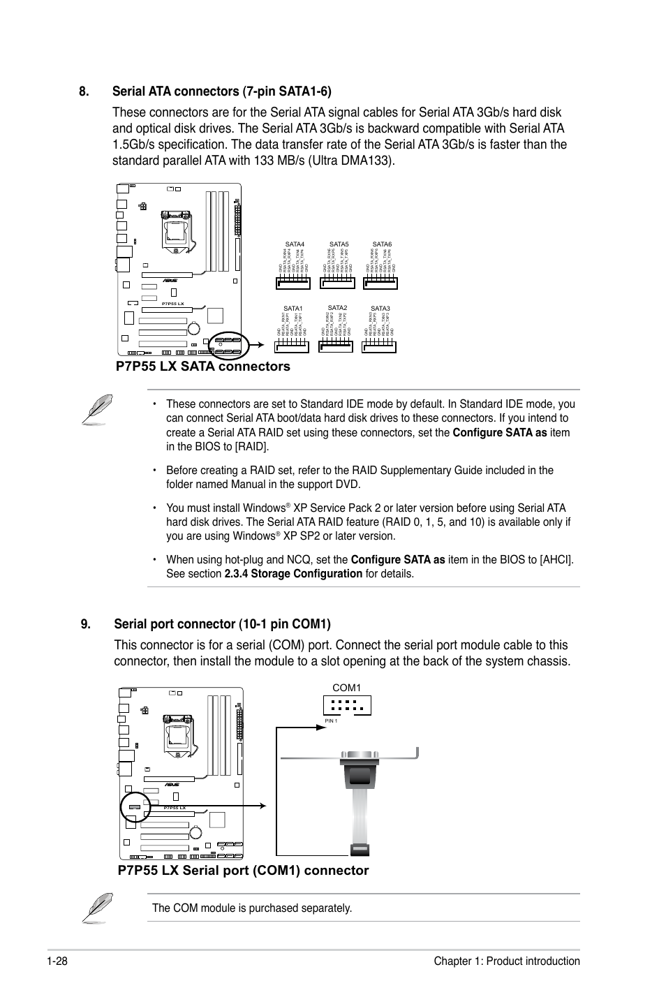 P7p55 lx sata connectors, P7p55 lx serial port (com1) connector, 28 chapter 1: product introduction | The com module is purchased separately, Com1 | Asus P7P55 LX/JOOYON/SI User Manual | Page 40 / 70