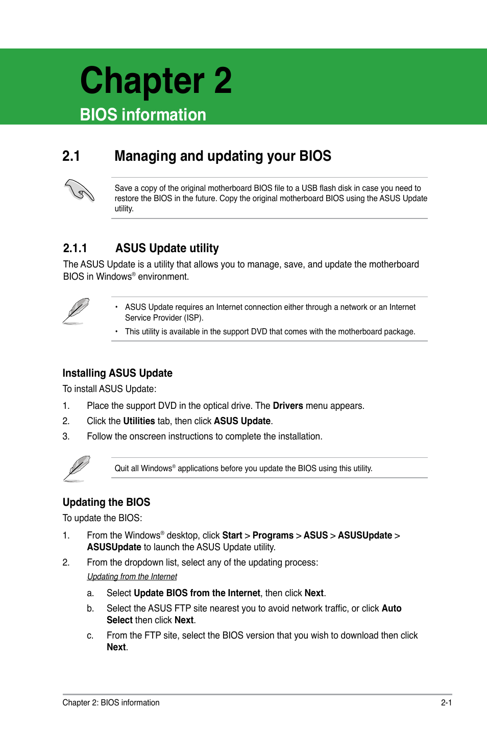 Chapter 2, Bios information, 1 managing and updating your bios | 1 asus update utility, Managing and updating your bios -1 2.1.1, Asus update utility -1 | Asus P7P55 LX/JOOYON/SI User Manual | Page 43 / 70