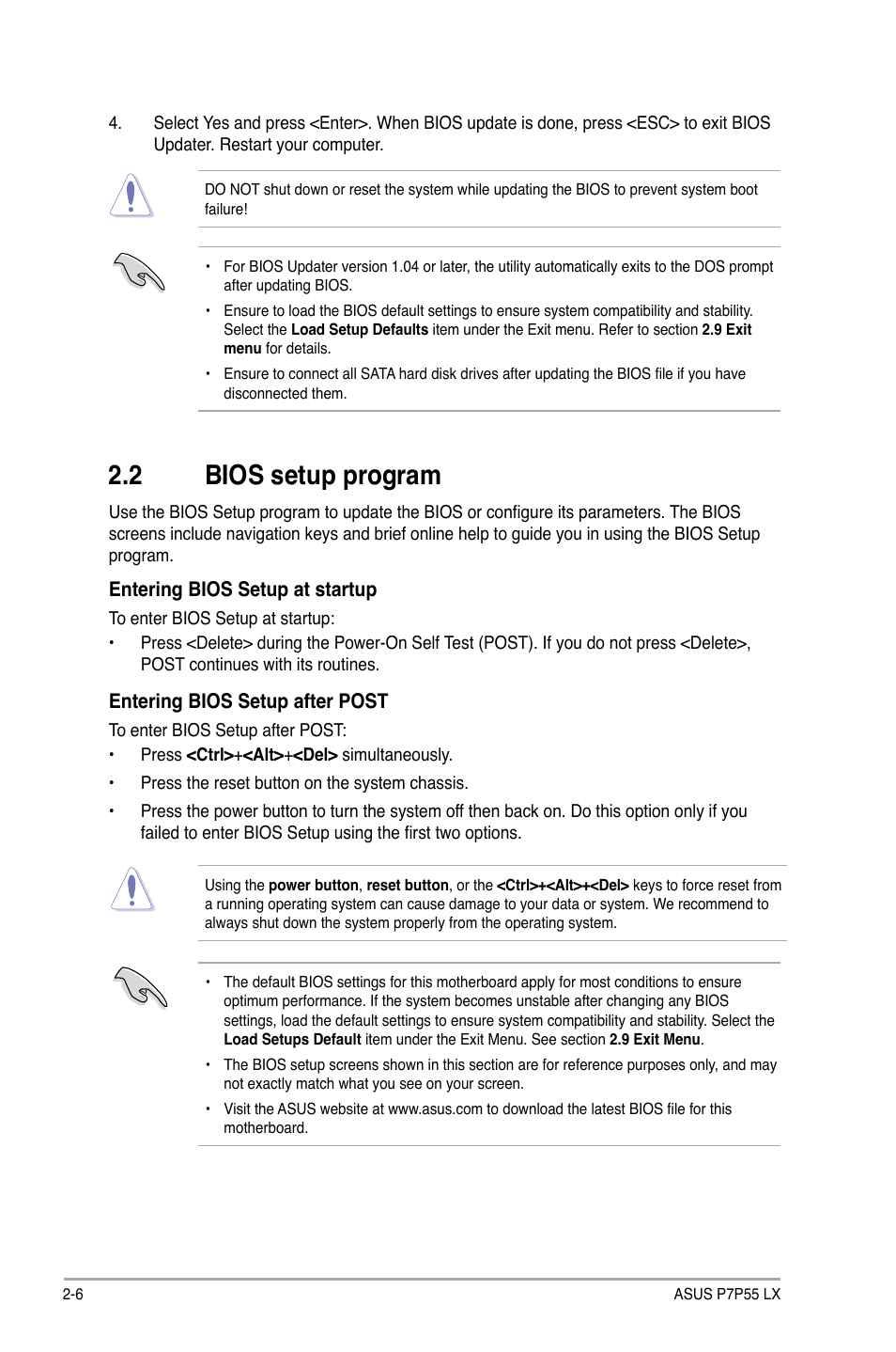 2 bios setup program, Bios setup program -6 | Asus P7P55 LX/JOOYON/SI User Manual | Page 48 / 70