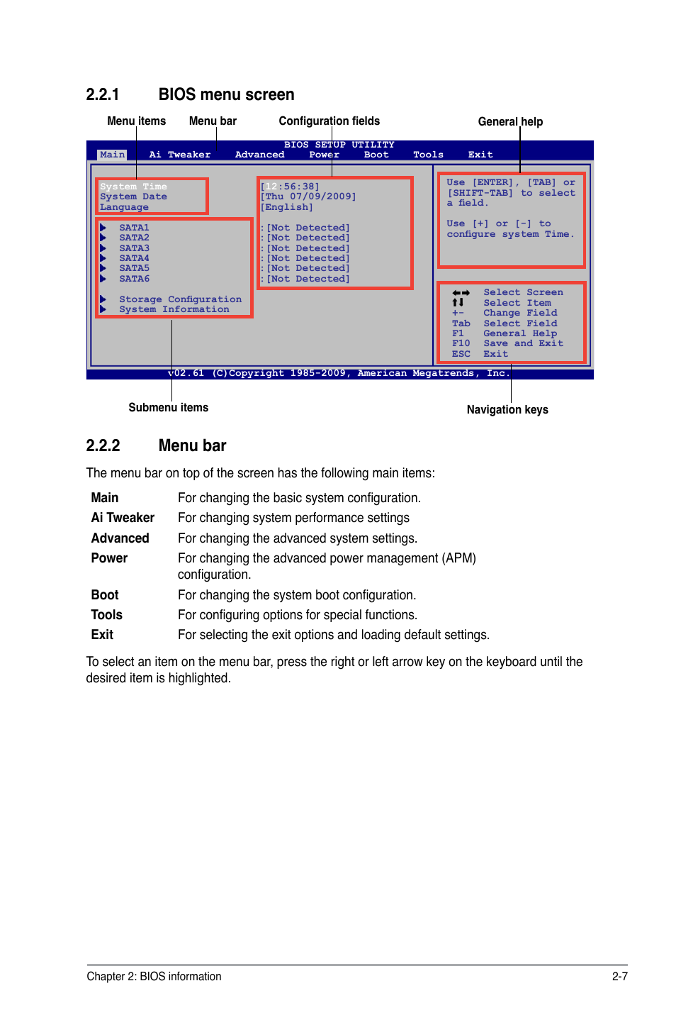 1 bios menu screen, 2 menu bar, Bios menu screen -7 | Menu bar -7 | Asus P7P55 LX/JOOYON/SI User Manual | Page 49 / 70