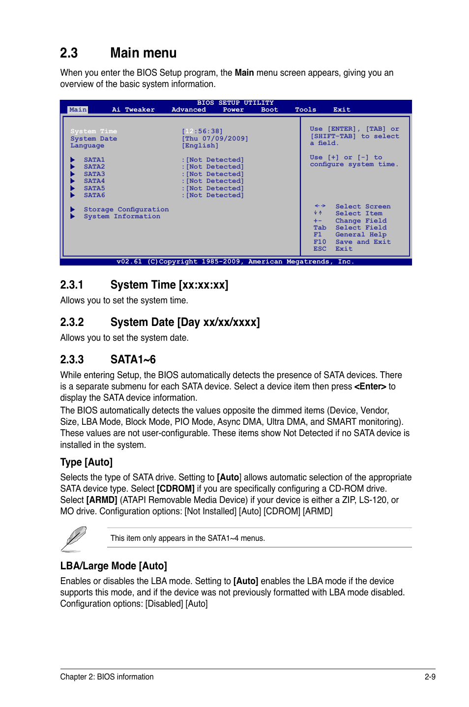 3 main menu, 1 system time, 2 system date | 3 sata1~6, Main menu -9 2.3.1, System time -9, System date -9, Sata1~6 -9, 1 system time [xx:xx:xx, Lba/large mode [auto | Asus P7P55 LX/JOOYON/SI User Manual | Page 51 / 70