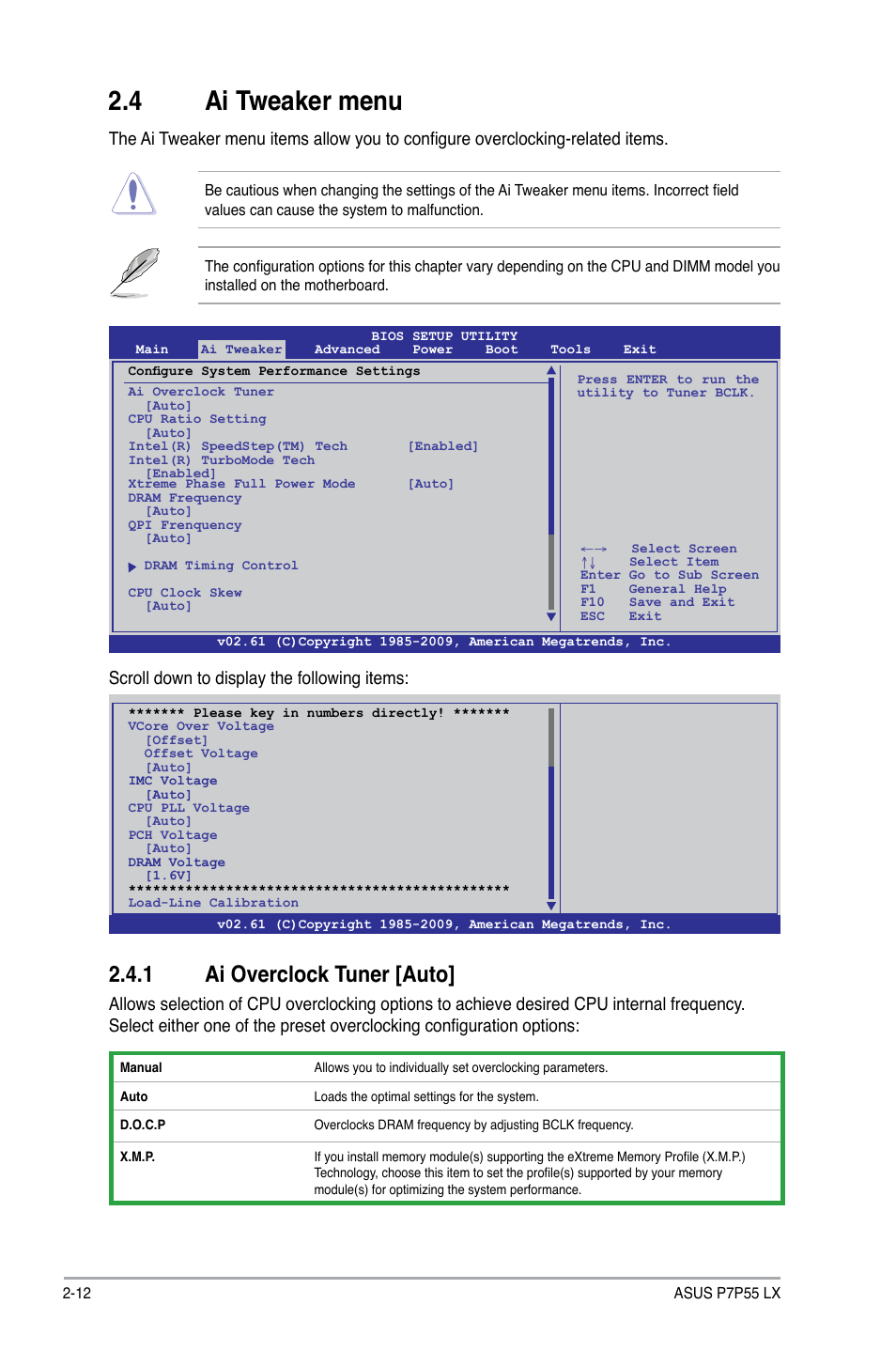 4 ai tweaker menu, 1 ai overclock tuner, Ai tweaker menu -12 2.4.1 | Ai overclock tuner -12, 1 ai overclock tuner [auto, Scroll down to display the following items | Asus P7P55 LX/JOOYON/SI User Manual | Page 54 / 70